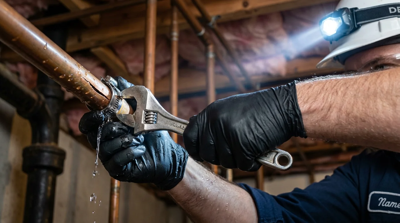 Emergency pipe clamp repair being performed by a Johns Plumbing LLC plumber in Saint Marys