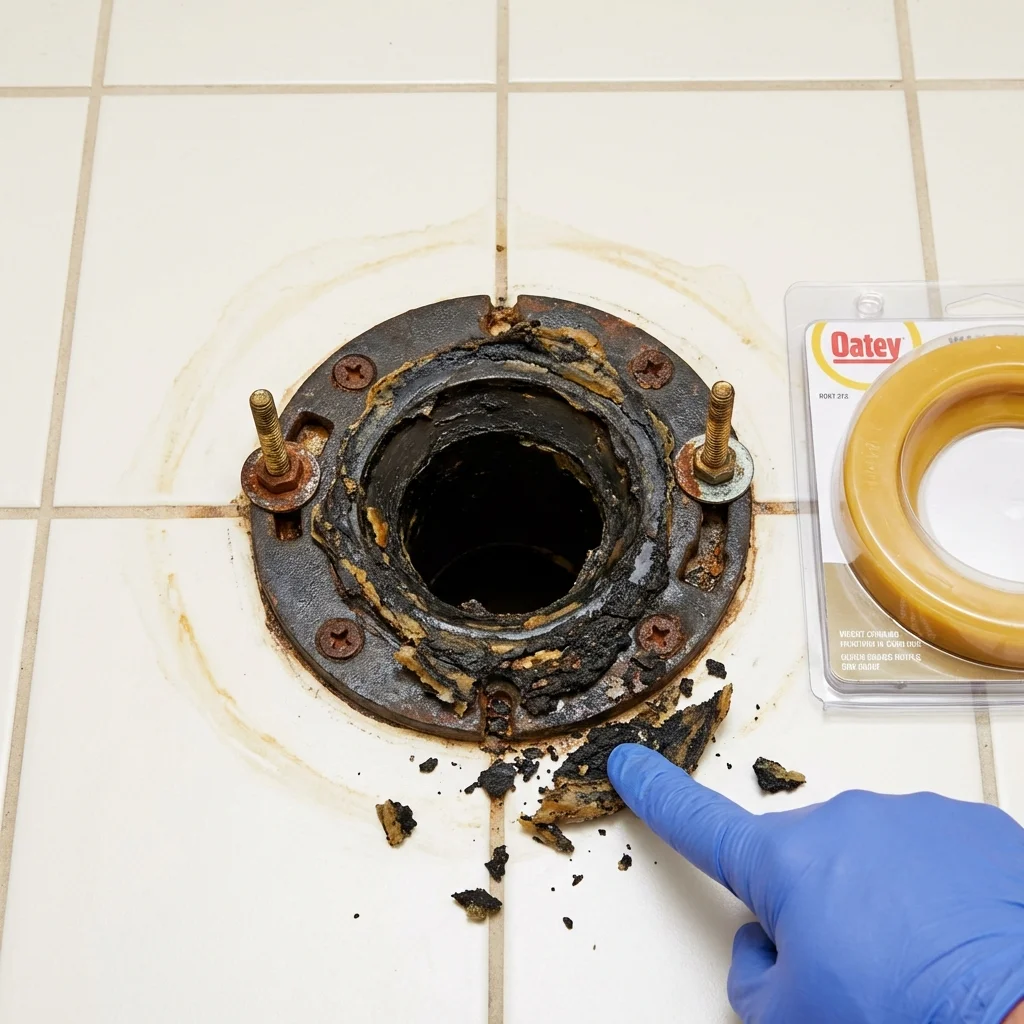 Failed wax ring showing water seepage at the base of a toilet in a Saint Marys, WV home