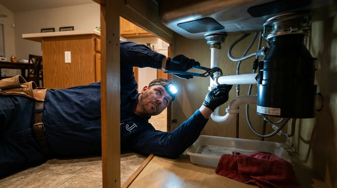 P-trap and supply line connections under a kitchen sink showing a common leak point in Saint Marys, WV